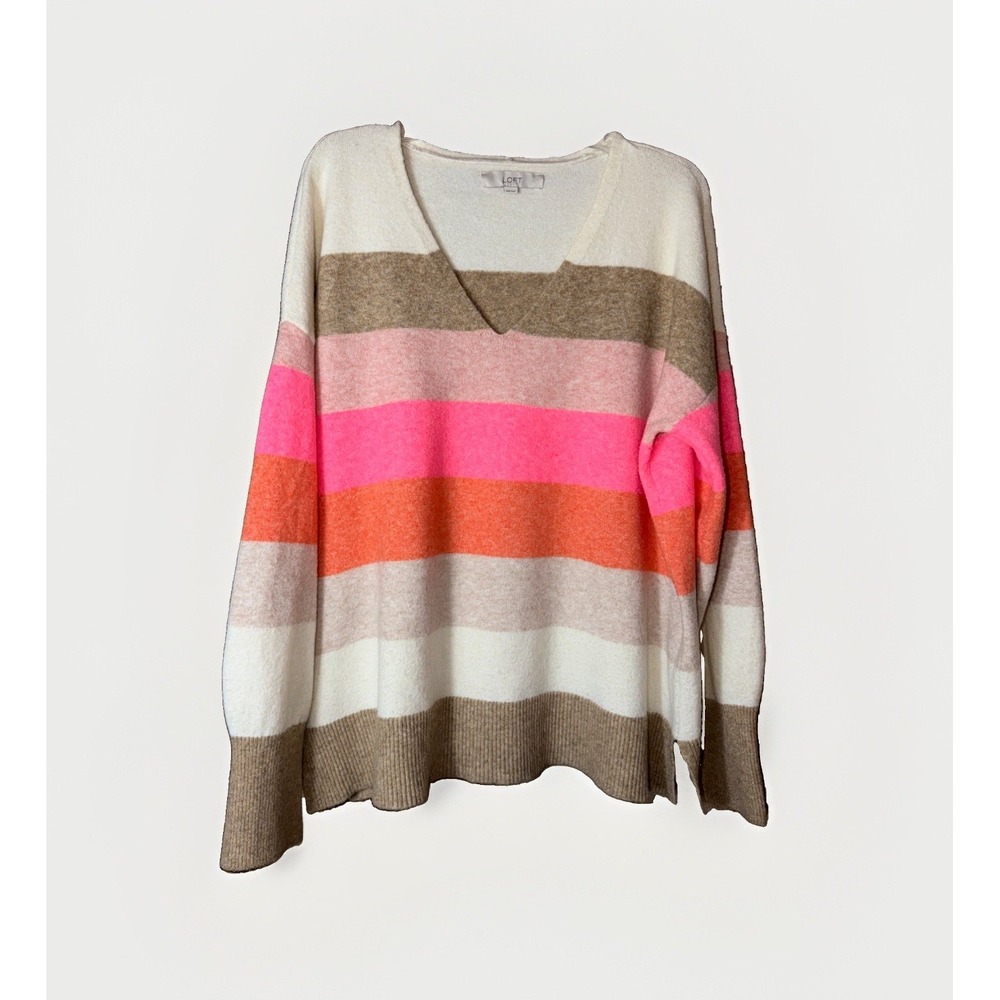 Loft Women's Striped Relaxed V-Neck Sweater Size L Slit Hemline Multicolored